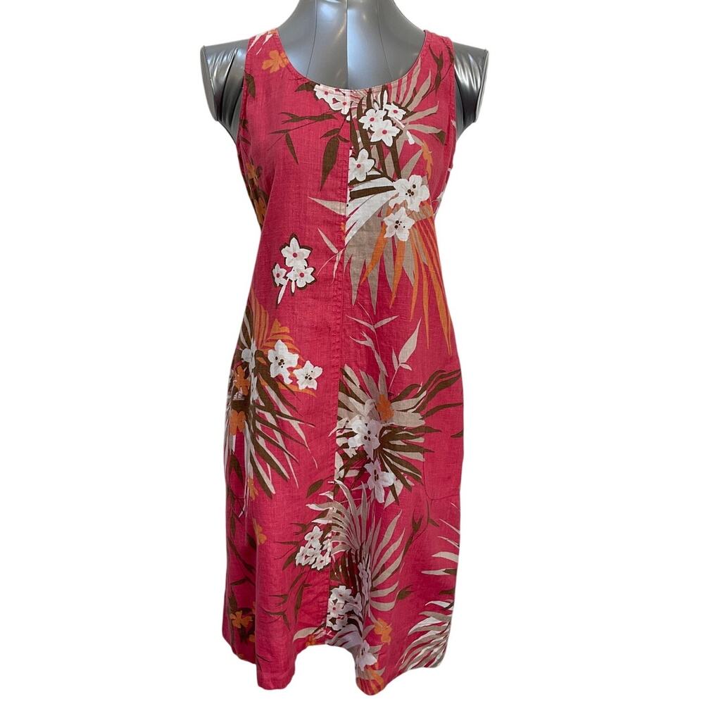 J Jill Womens Small Pink Linen Tropical Palm Dress Sleeveless Summer Sundress